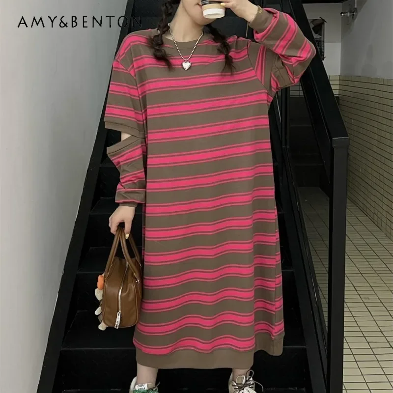 

2024 Autumn H Version Loose And Thin Long Knee Sweatshirts Dress Striped Long-sleeved Hoodies Women's Clothes Vestidos De Mujer