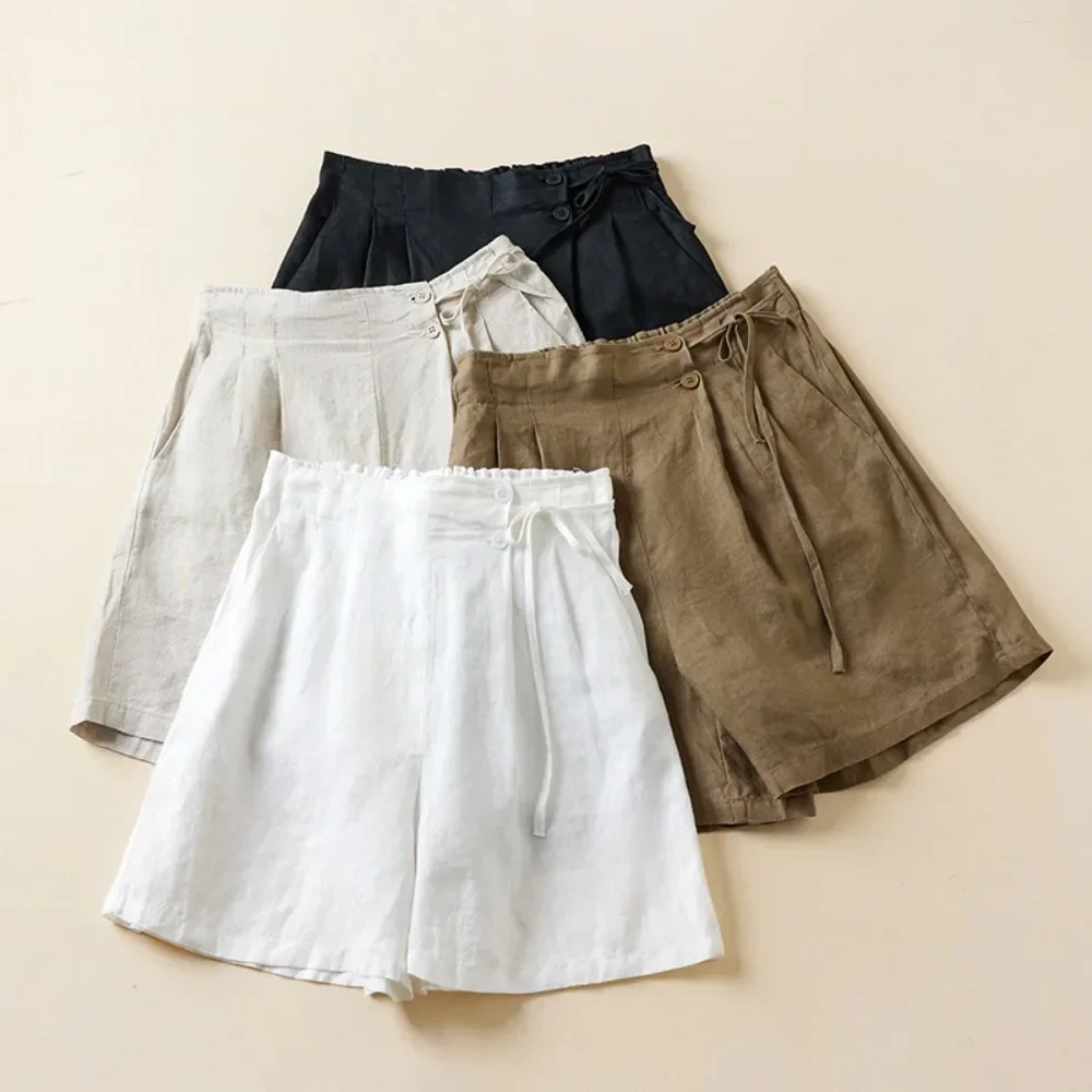 Women Vintage Cotton Linen Wide Leg Shorts Summer Loose Fit Flattering Casual Culottes Thin Breathable Five Length Pants