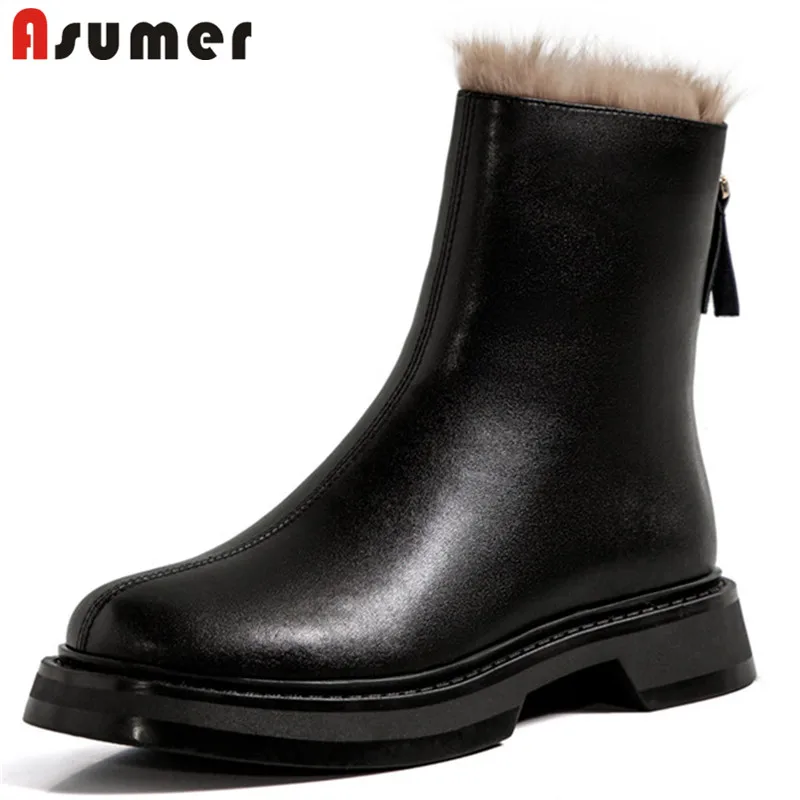 Asumer 2023 Big Size 34-43 scarpe in vera pelle donna stivali da neve invernali punta tonda cerniera tacco basso stivaletti Casual donna