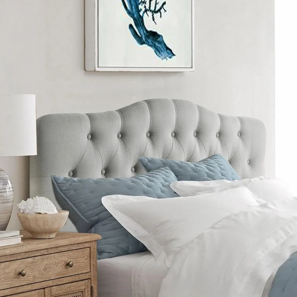 Givanna Adjustable Height Headboard with Linen Upholstery and Button Tufting for Bedroom, Full, Light Gray