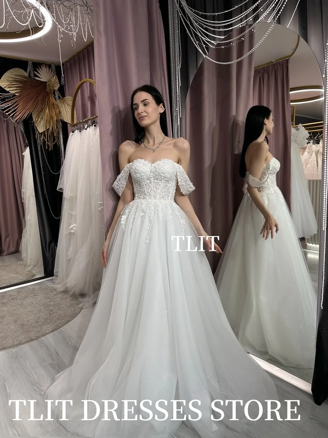 فساتين زفاف TLIT الفاخرة من التول الأبيض مخصصة على شكل قلب مزينة باللؤلؤ الكريستالي قبالة الكتف مشد زي العرائس #3