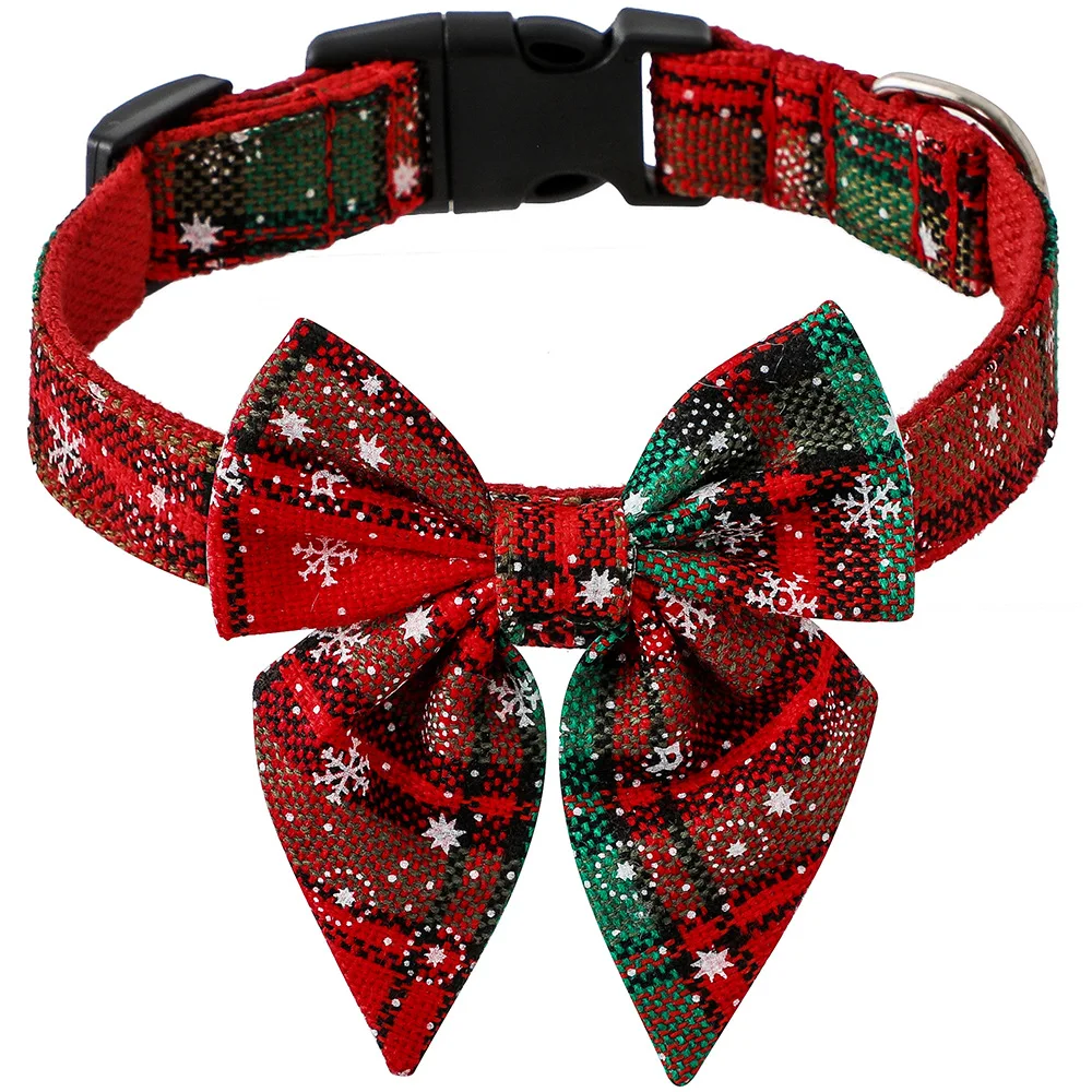 Baumwolle Weihnachten Schneeflocke Schleife Hundehalsbänder Welpen Haustier Katze Zubehör Hundehalsband für kleine große Hunde – Detail 5