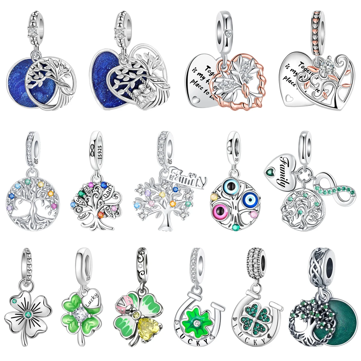 Original 925 Sterling Silver Lucky Tree of Life Four Leaf Clover Charm Bead Pendant fit Women DIY Bracelet Necklace Jewelry Gift