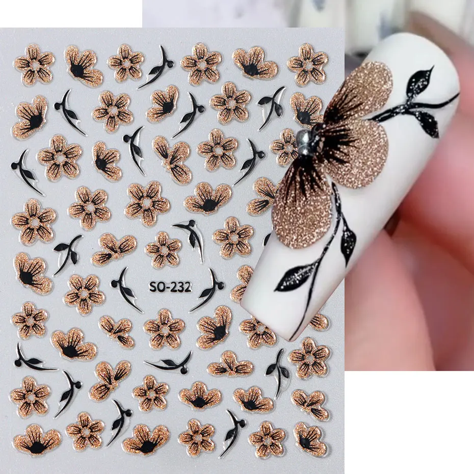 2pc 3D Black Gold Glitter Flower Nail Decal Shiny Petals Leaves Nail Art Sticker Watercolor Daisy Floral Adhesive Manicure Decor