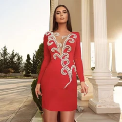 Factory Wholesale Women's 2024 Black Red Long Sleeves Diamond Tight Sexy Celebrity Cocktail Party Bandage Dress