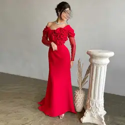 Customized 3D Elegant Flower Evening Gown Off Shoulder  Transparent Illusion Long Sleeved Sheath Backless Sexy Arabic Women's