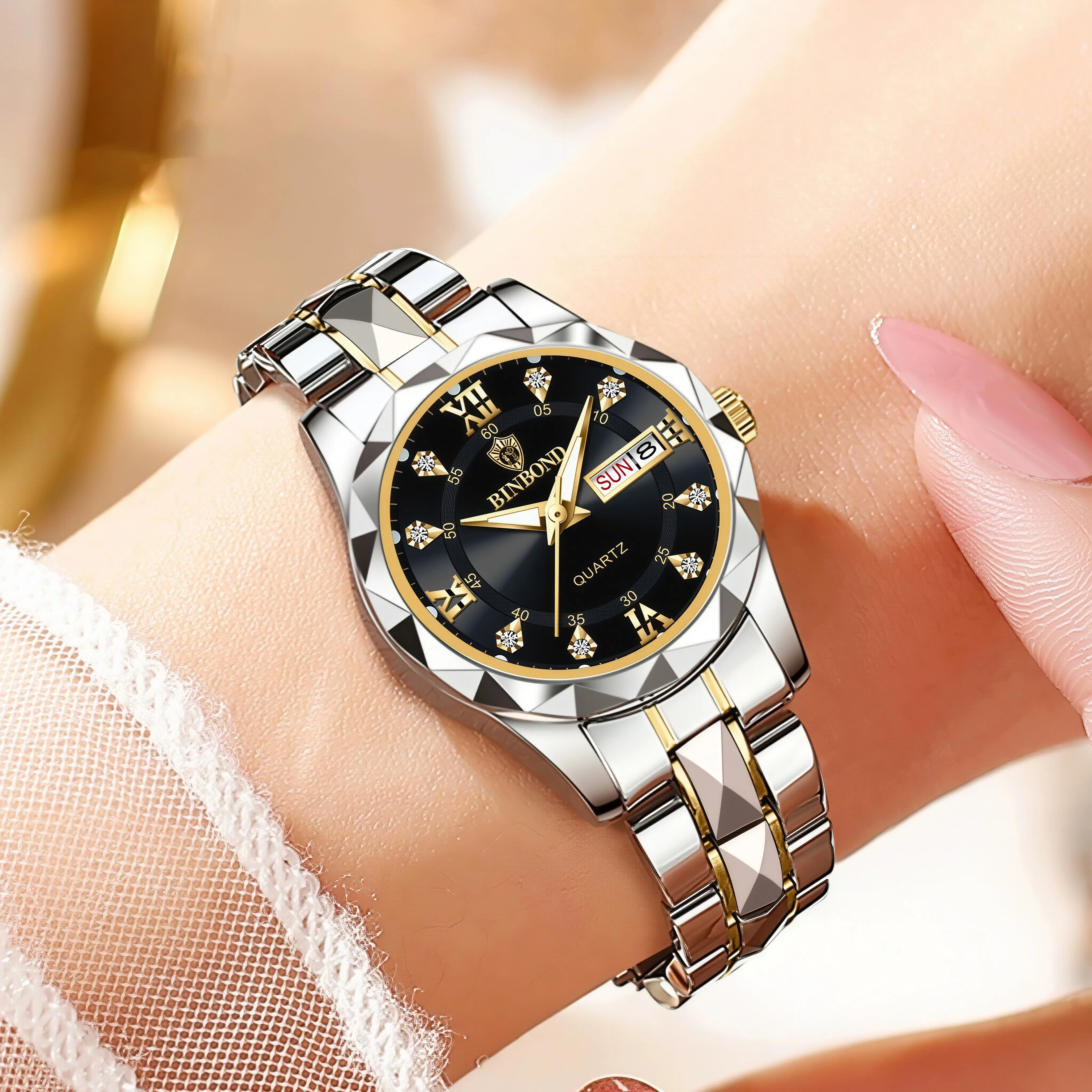 BINBOND Brand Casual Fashion Business Lady Quartz Wristwatch Water-Resistance Back Light Complete Calendar Birthday Present