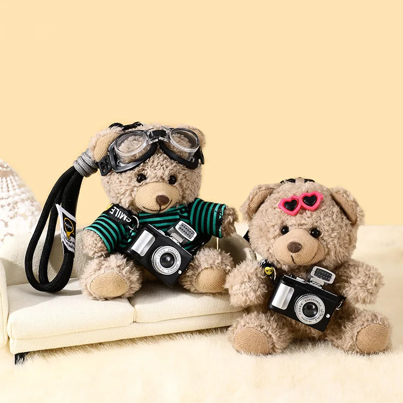 Fashionable Striped Shirt Plush Camera Bear Keychain Cute Fluffy Swimming Goggles Panda Backpack Pendant keyring Charm Ornaments