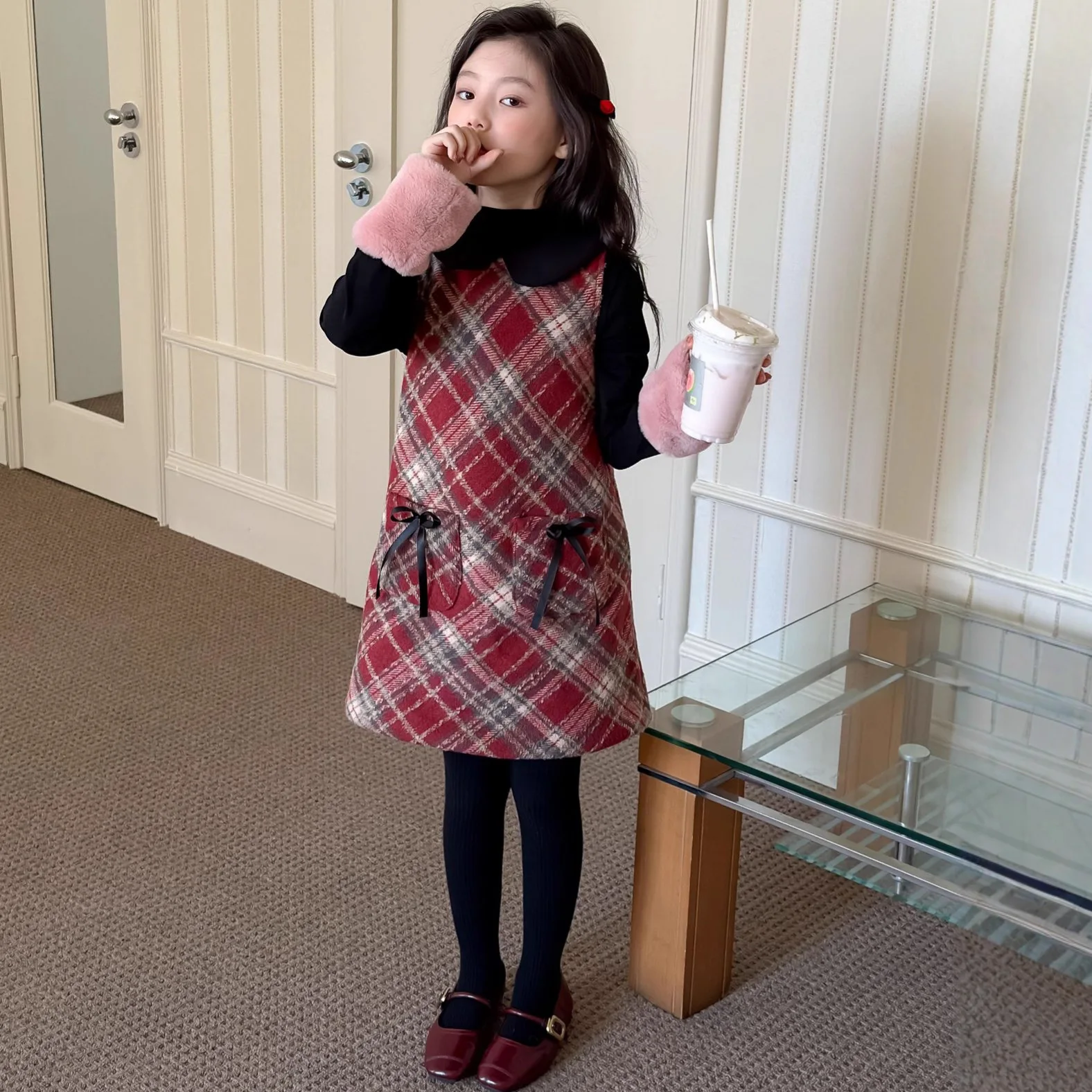 Girls Dress 2025 Winter Style Small Fragrant Sleeveless Vest with Red Checkered Cotton Clip on Dress for External Warmth