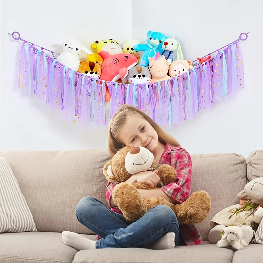 Hammock with Tassels Storage Net for Stuffed Animals Holder and Plush Toy Hammock Handmade Soft Corner Hanging Netting Toy Holde