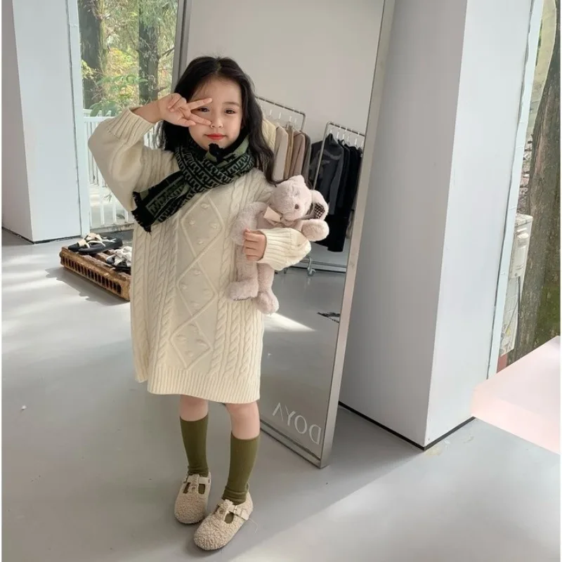 

2025 Autumn Winter New Korean Toddler Girls Forest Style Long Sleeve Knit Dress Trendy