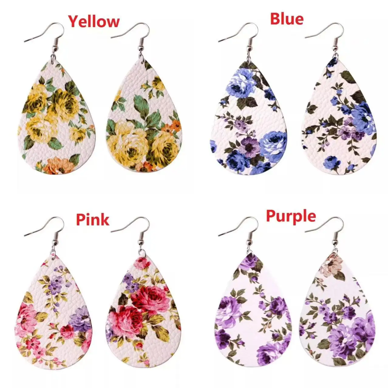 

20 Pairs Faux Leather Print Rose Flower Teardrop Spring Summer Dangle Earrings Women Jewelry Wholesale