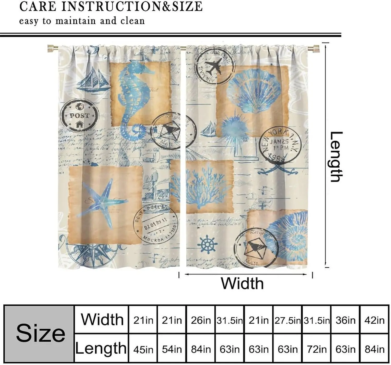 Rustic Nautical Coastal Bohemian Curtains Polyester Window Drapes Vintage Map Ocean Beach Seascape Decor for Living Room Bedroom