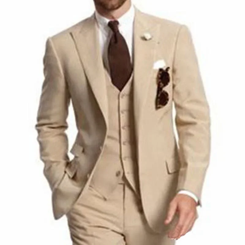 

Khaki Groom Wedding Tuxedo Men's Suit Jacket Pants Vest 3-piece Set Slim Fit Handsome Men Blazer for Party