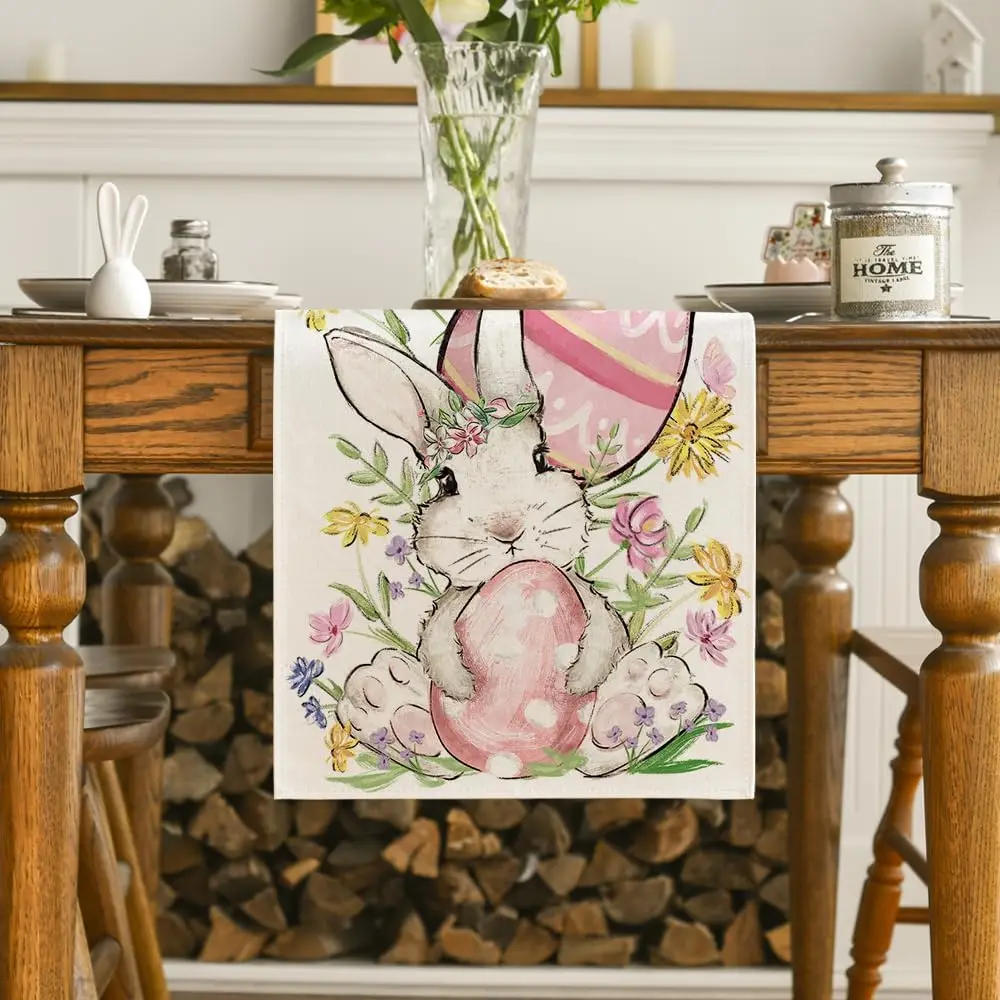 Easter Bunny Rabbit Egg Flower Linen Table Runner Holiday Party Decor Spring Floral Kitchen Dining Table Runners for Table Decor