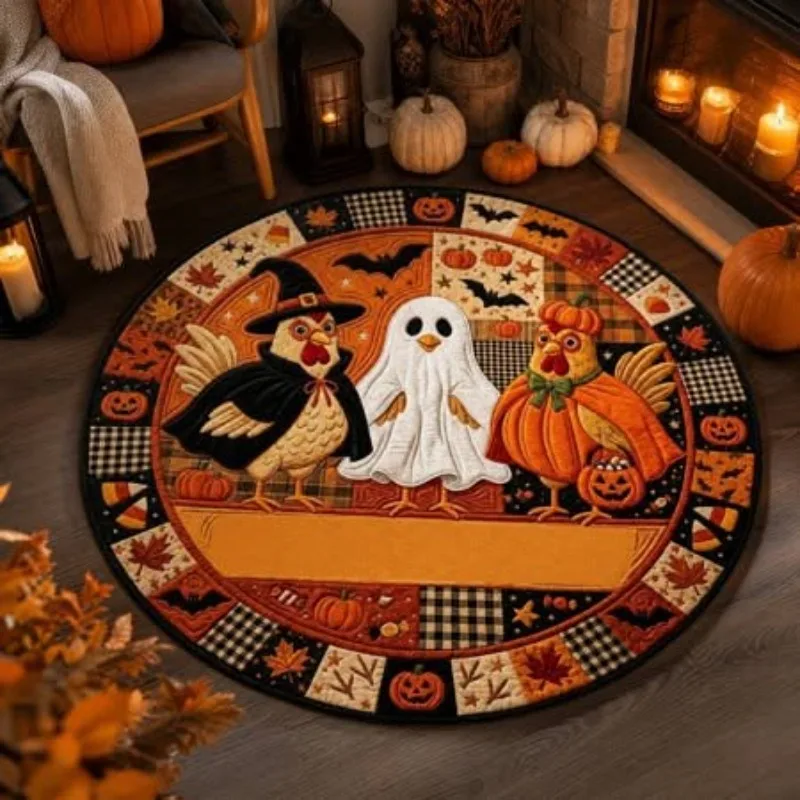 Round Spooky Carpet Halloween Roosters Hens Ghost Chicken Costume Blank Orange Banner Printed Mat for Fireplace Sofa