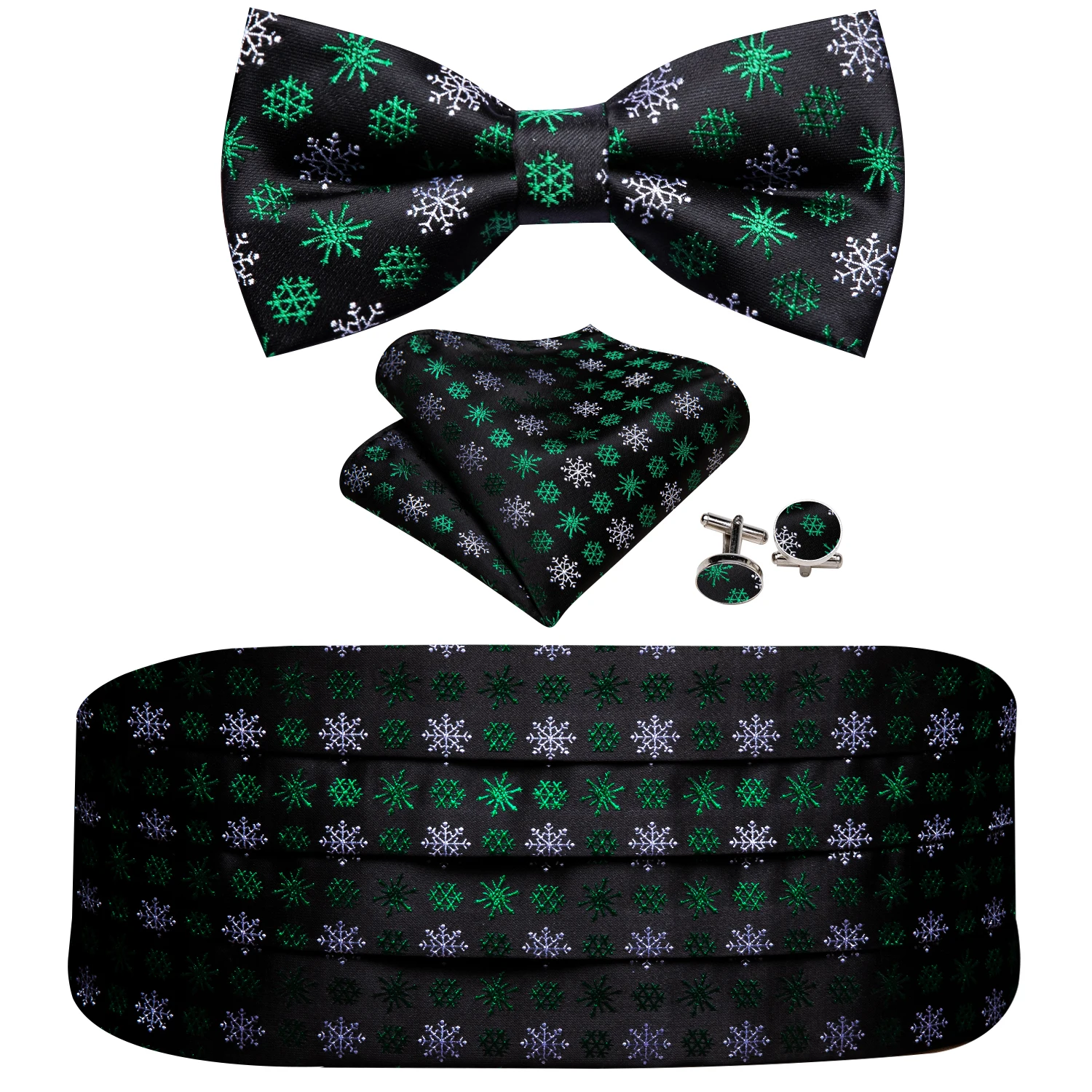 Christams Green Silk Men Cummerbund Exquisite Jacquard Bowtie Pocket Square gemelli set Party Designer Gifts Barry.Wang 1057