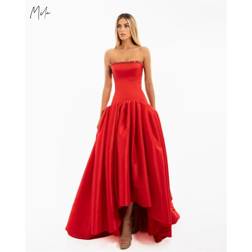 

Mila Red High-Low Пром платья с кристаллами без бретелек Индивидуальные вечерние платья без рукавов с соборным шлейфом, платья de fiesta 2025