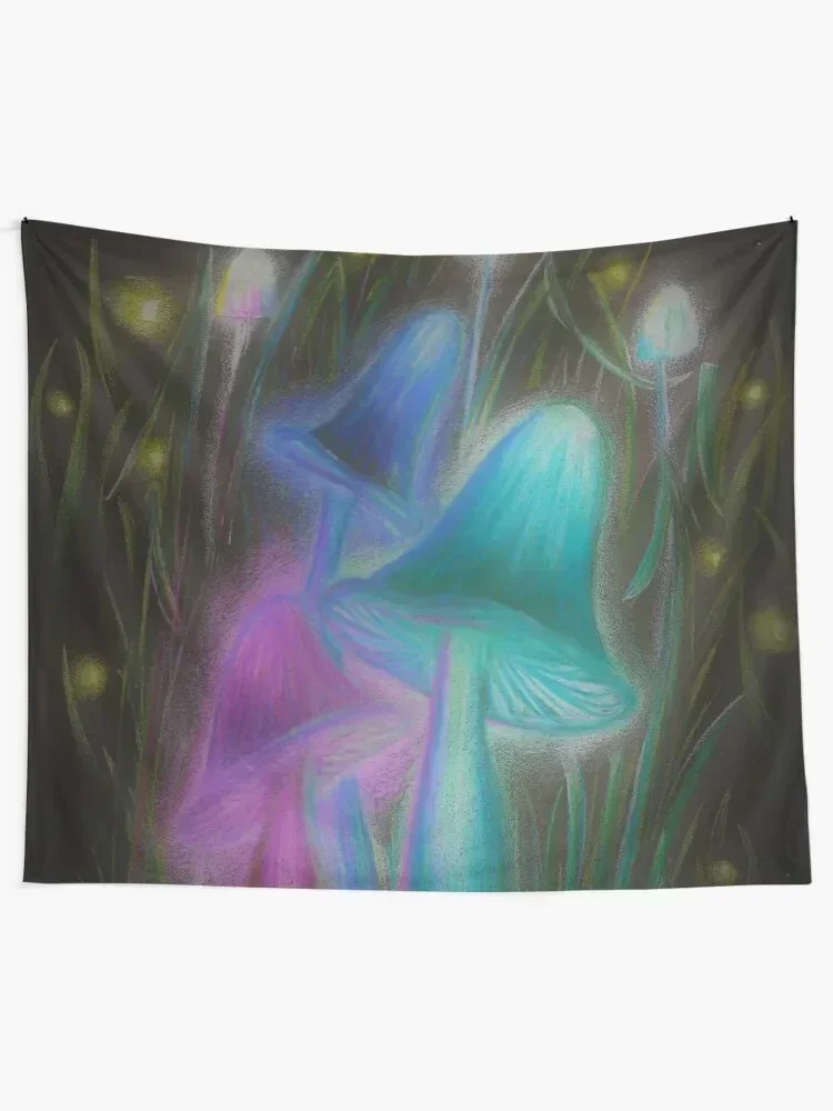 Fireflies and Psychadelic Mushrooms Glowing in the Dark Tapestry Custom Room Decore Aesthetic Tapestry