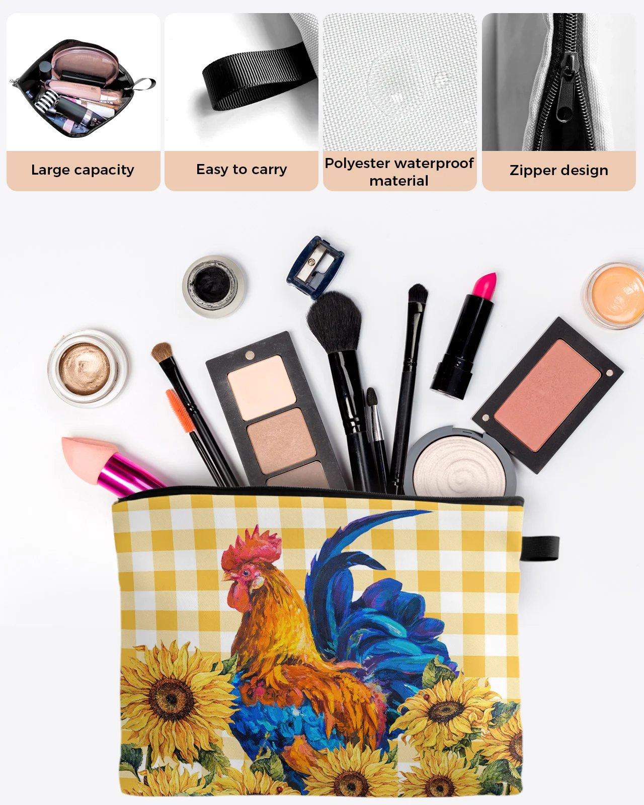 Rustic Farm Chicken Sunflower Plaid Custom Travel Cosmetic Bag Portable Makeup Storage Pouch Women Waterproof Pencil Case