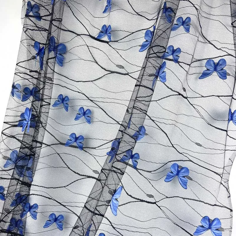 Lolita Black Transparent Blue 3D Butterfly Embroidered Lace Mesh Cloth Transparent Wedding Dress Designer Fabric DIY Handmade