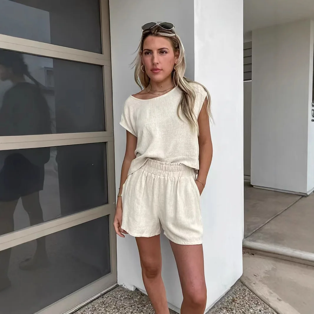 Cross-border 2025 summer short-sleeved cotton and linen retro fashion casual solid color top drawstring shorts set