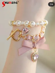 Japanese Lolita Sytle Women Accessories Sweet Ladies Mine Love Heart Bow Tie Rhinestone Pendant Cute Girl Two-Piece Bracelet