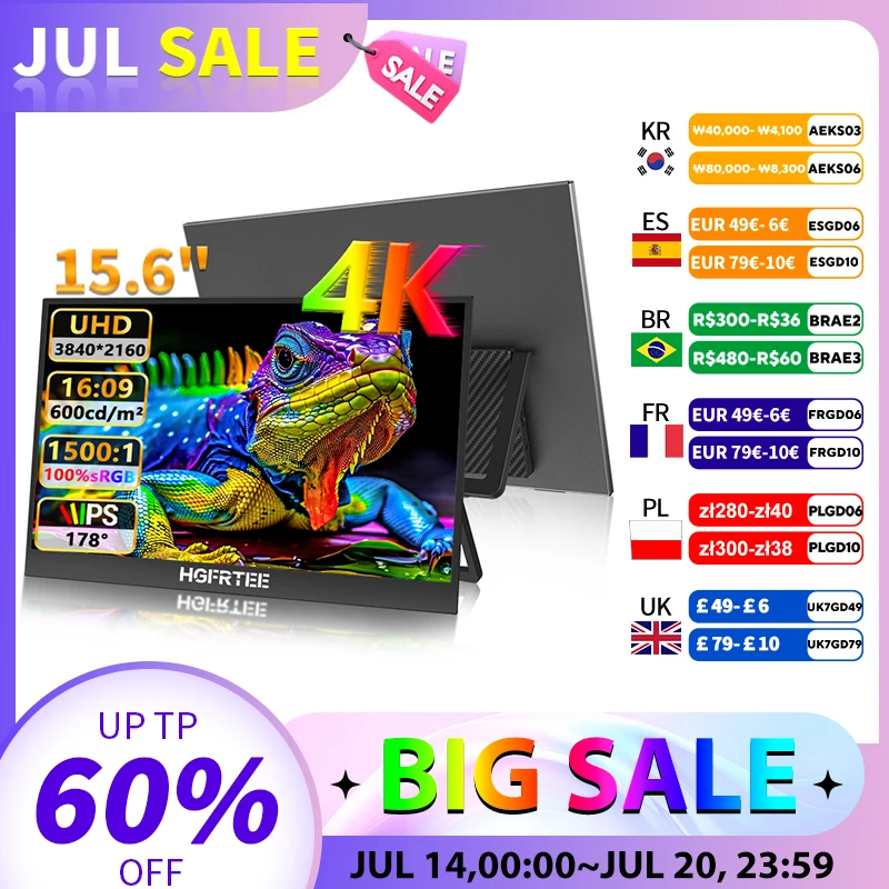 

HGFRETEE 4K 15,6-дюймовый портативный монитор UHD 100%sRGB USB-C HDMI 600cd/m2 IPS Внешний дисплей для ноутбука Mac PS5/4 Xbox Switch