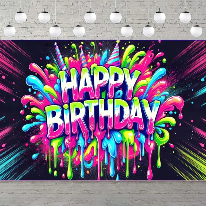 Photography Backdrop The Dark Black Light Sleppover Poster Colorful Graffiti Splash Paint Banner Birthday Party Background