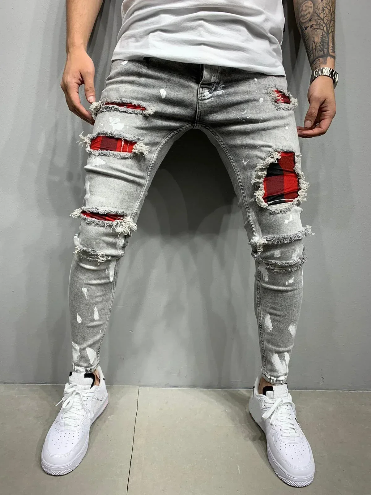 

Men's Skinny Ripped Jeans Streetwear Casual Lacquer Distressed Multi Holes Small Feet Denim Trousers Male Washed Pencil Pants