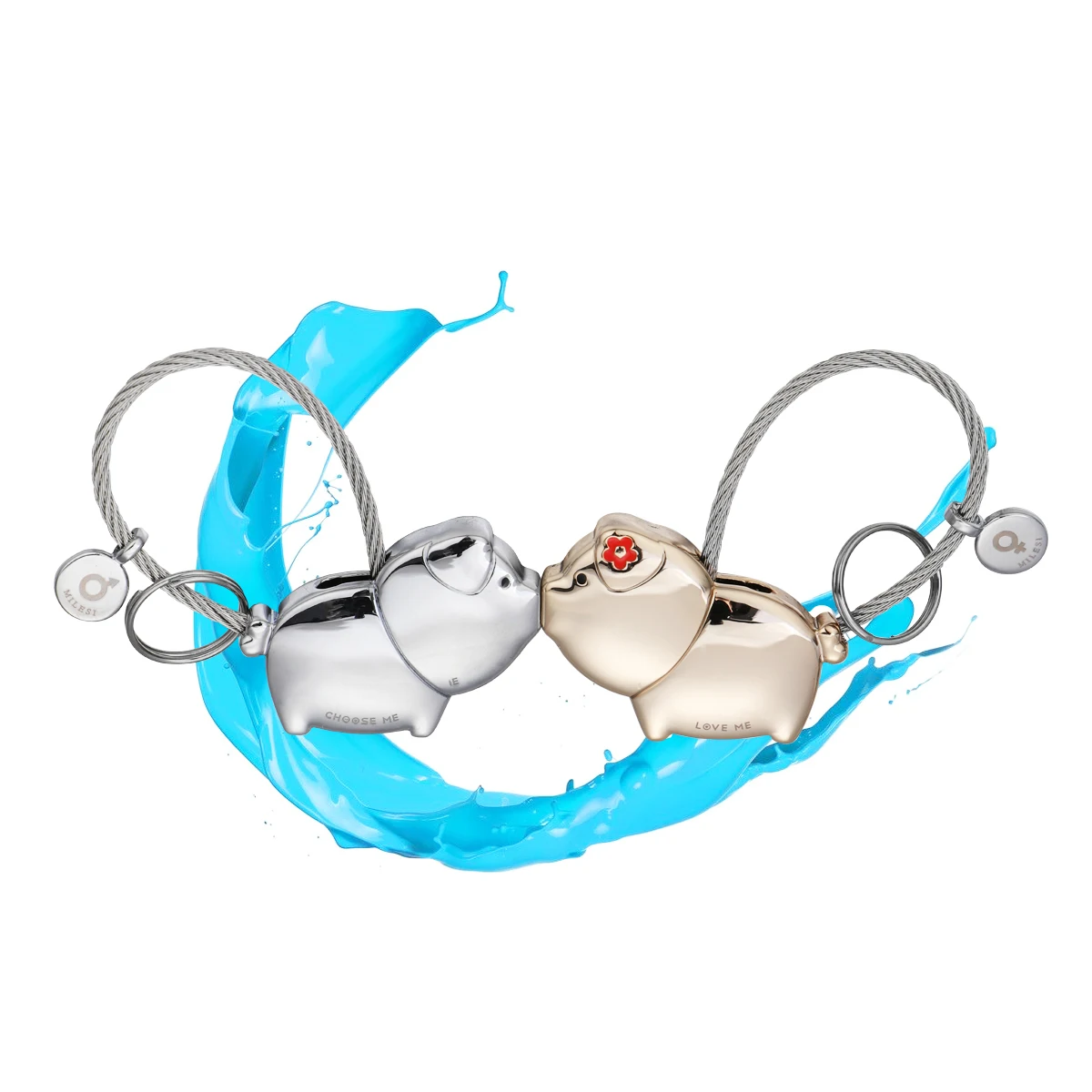 

Pack of 2 Cartoon Porkets Keychain Couples Keyring Charm Couple Keychain Decoration Present (Silver and Light Golden)