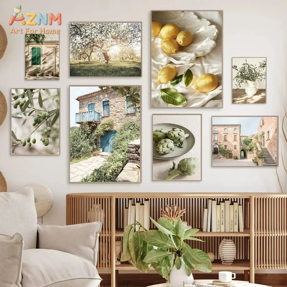 AZNM Mediterranean Tuscan Countryside Canvas Wall Art Rural Village Lemon Olive Artichoke Floral Scenery Neutral Warm Tone Farmh