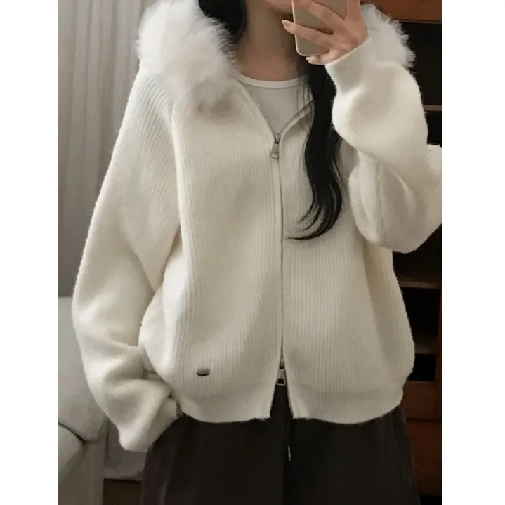 

Chic Women's Knitted Sweater with Zipper And Fur Collar Versatile Autumn Winter New Sle Large Hood High Faion Sense