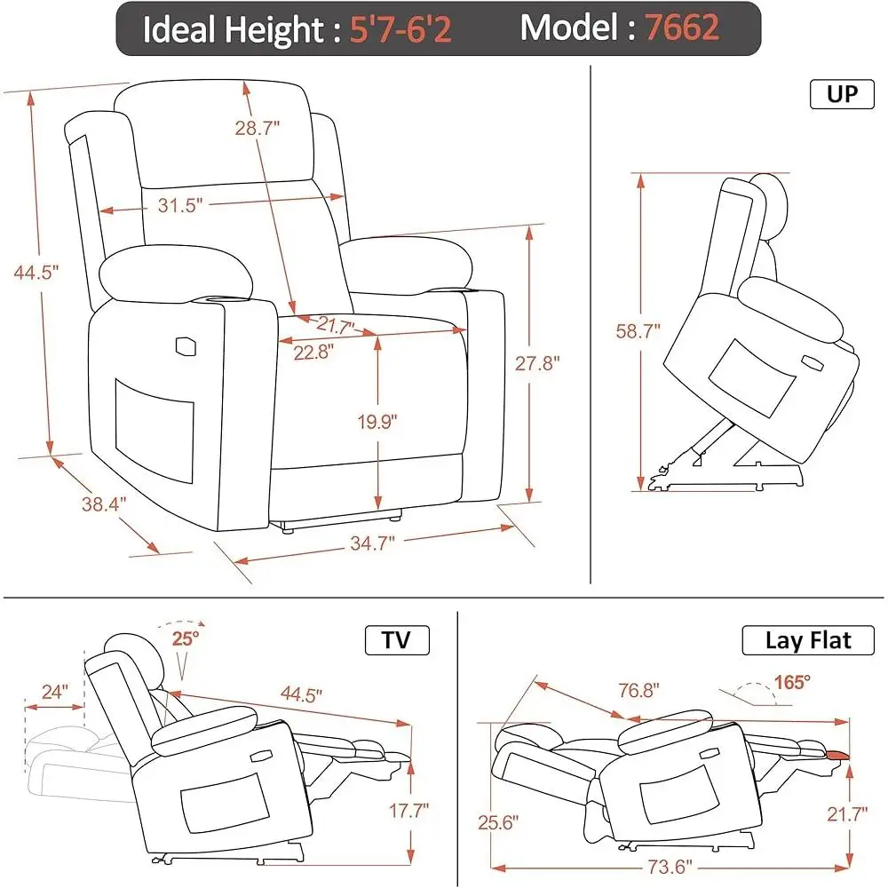Large Dual Motor Power Lift Recliner Chair with Massage Heat Adjustable Headrest Infinite Position USB Cup Holders Easy Assemble
