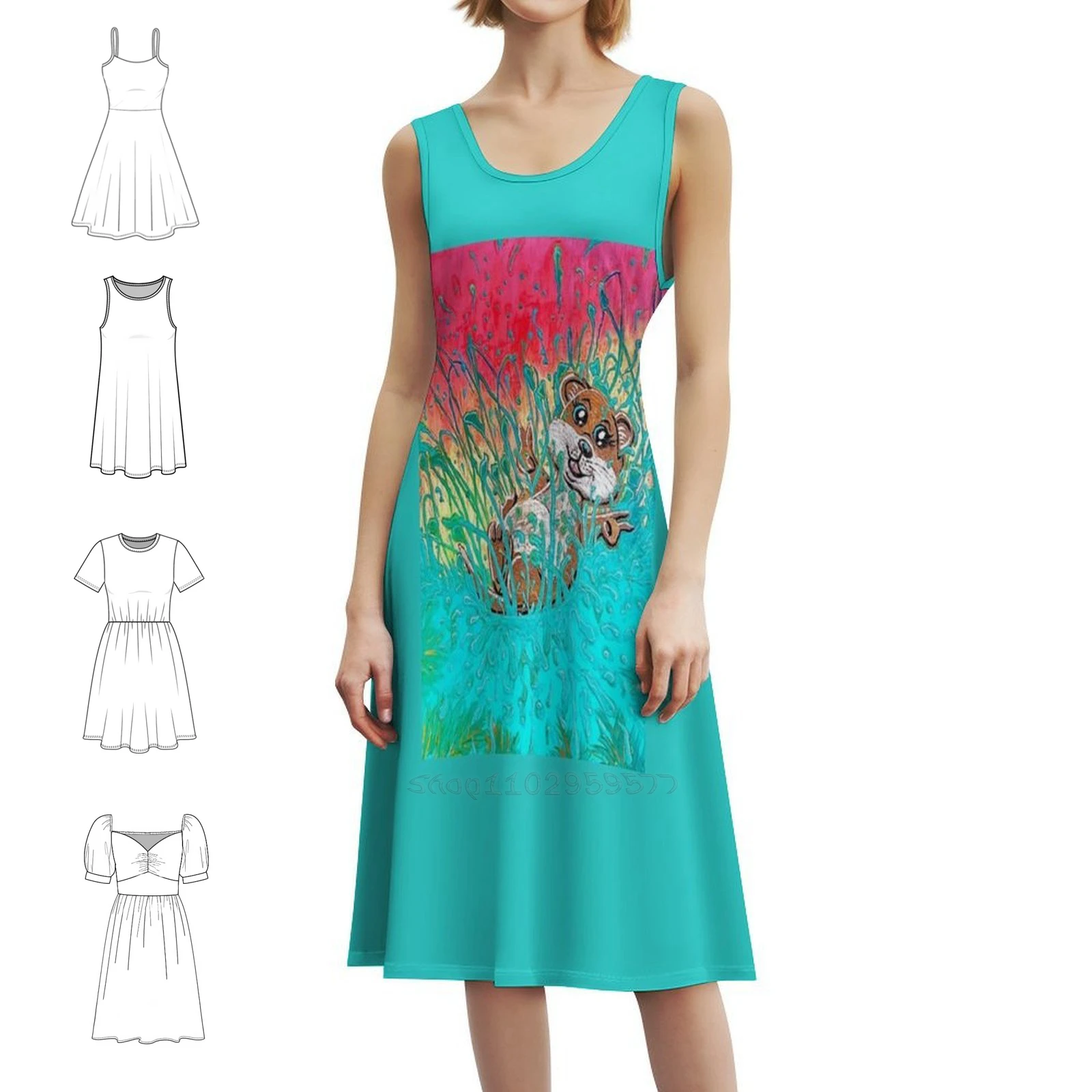 

Happy Otter 2 Sunset Water Bohemian Sleeveless Dress Multi-Print Beach Vacation Party Dress Otter Zest For Life Splash Water