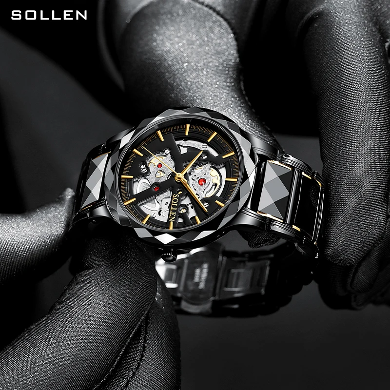 New Luxury Brand SOLLEN Japan MIYOTA Quartz Men\'s Watches Waterproof Skeleton Steel Relogio Masculino Ceramic Band Clock SL207