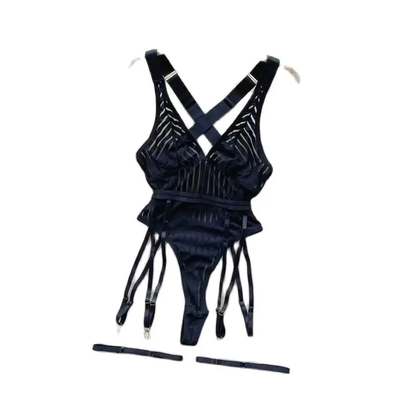 Women Strap Hollow Out Backless French Style Striped Erotic Playsuits Cosplay Slim Fit Underwear Black Lingerie Sexy Bodysuits