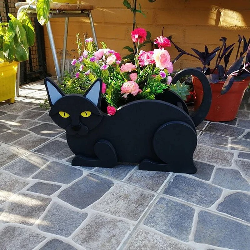 Cat Flower Planter Wooden Cats Flowerpot Garden Grow Flowers Container Animal Statue Sculpture Home Garden Decoration