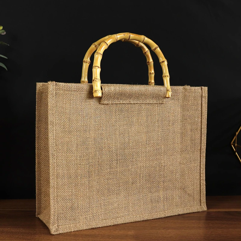 Bamboo Handle Vintage Jute Shopping Bag Cotton Linen Handbag Home Supermarket Shopping Bag Eco-friendly Large Capacity