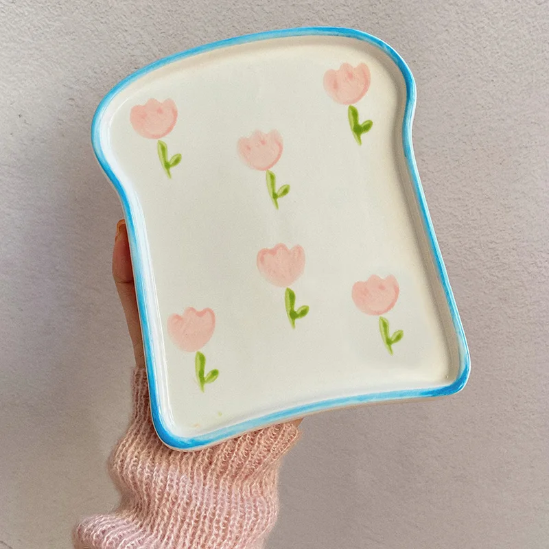 Korean Style Ins Ceramic Plate Creative Toast Shape Floral Porcelain Tableware Breakfast Bread Fruit Cake Dessert Plates