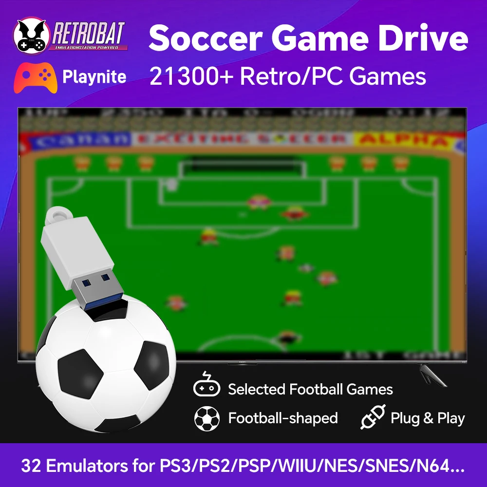 256GB Soccer Game Drive with 21300+ Soccer Games for PS3/PS2/PS1/MAME/N64/WiiU USB Game Disk for Wins PC/Laptop/Handhelds/ROG ALLY Game Console
