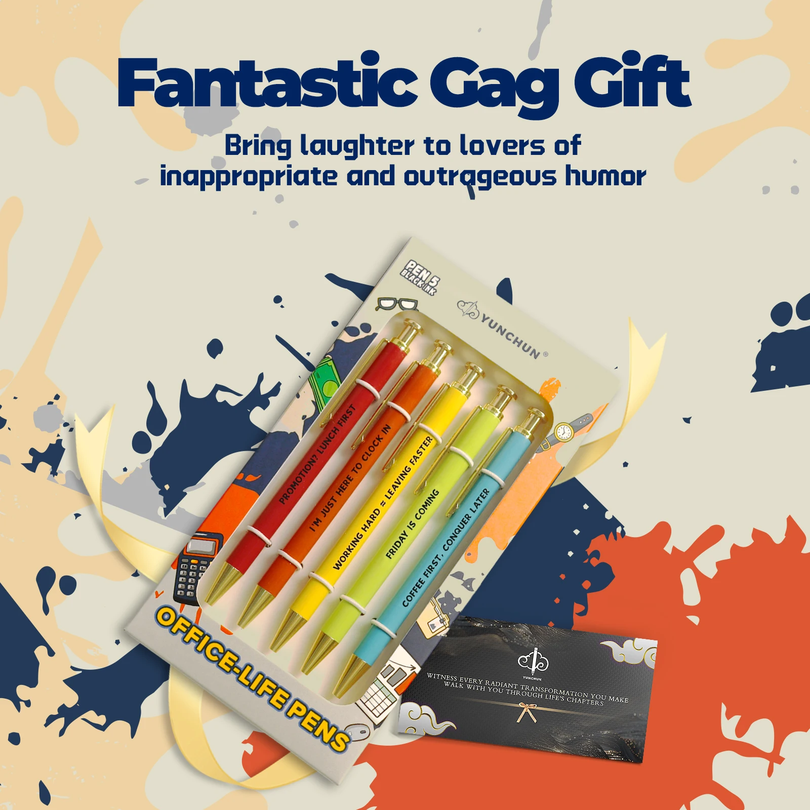 5 قطع من أقلام Yunchun المضحكة، أقلام كروية مبتكرة وقح، هدية كمامة مكتبية مع أقوال الإجهاد في مكان العمل، قلم حبر جاف للمكتب حبر أسود