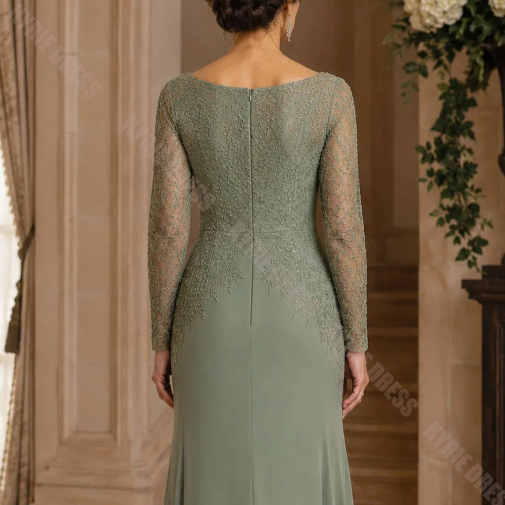 Customized Mother of The Bride Dresses Full Sleeves Boat Neck Lace Chiffon Mermaid Woman Wedding Guest Gowns Party Evening Dress image 4