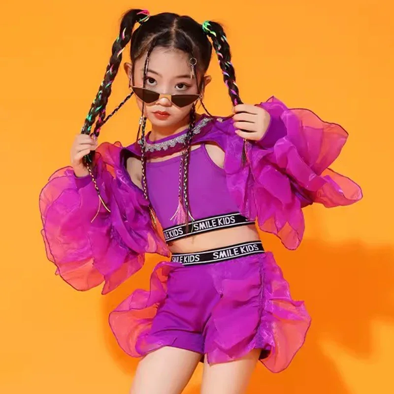 Dance Clothes Concert Stage Performance Wear 2023 New Girls Jazz Dance Costume Purple Fluffy Sleeves Suit Kids Hip Hop