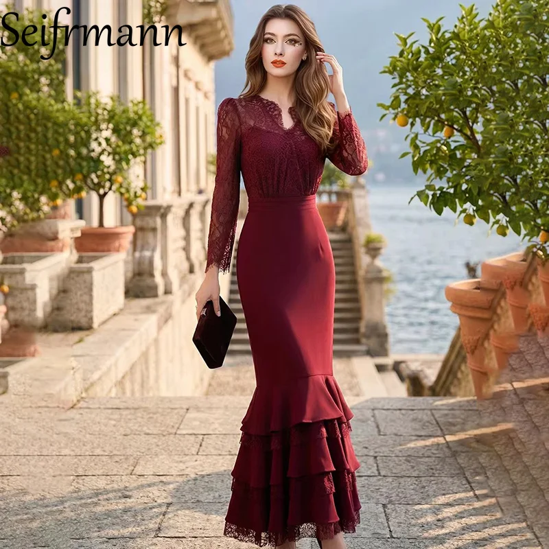 

Seifrmann 2026 Spring Women's New Fashionable V-neck Long Sleeve Spliced Lace Waist cinching Fish Tail Long Dress
