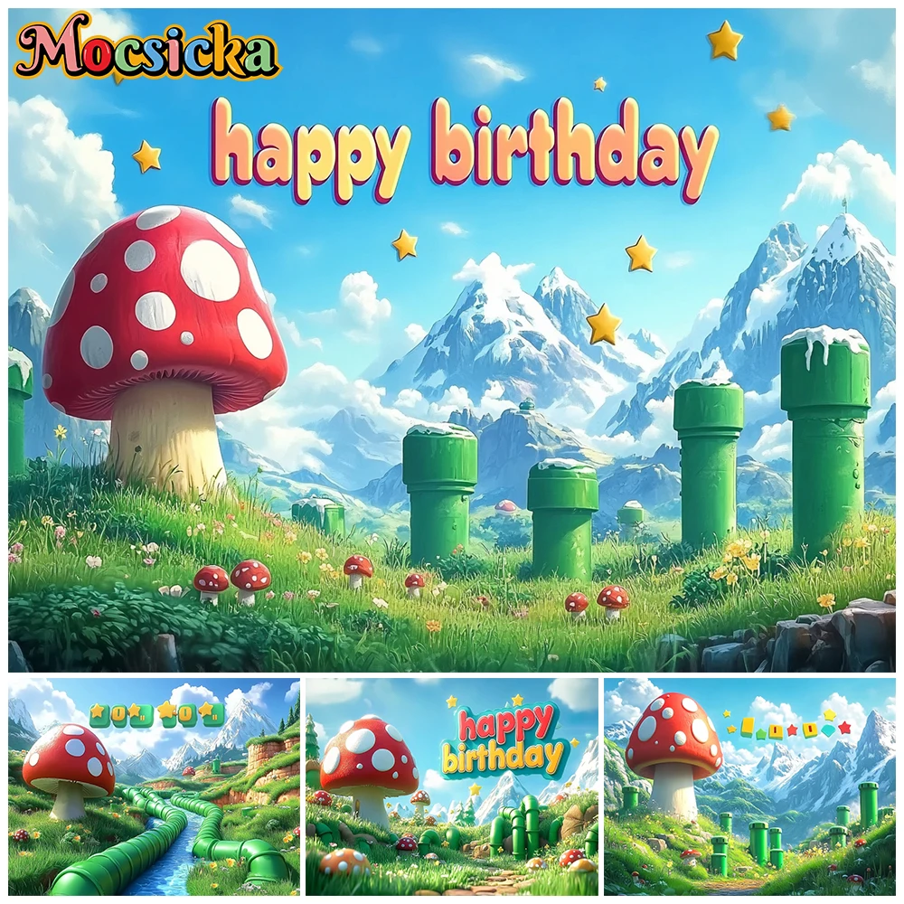 Mocsicka Happy Birthday Photo Background Red Mushroom Green Pipe Snow Mountain Floating Golden Star Blue Sky Kids Party Backdrop