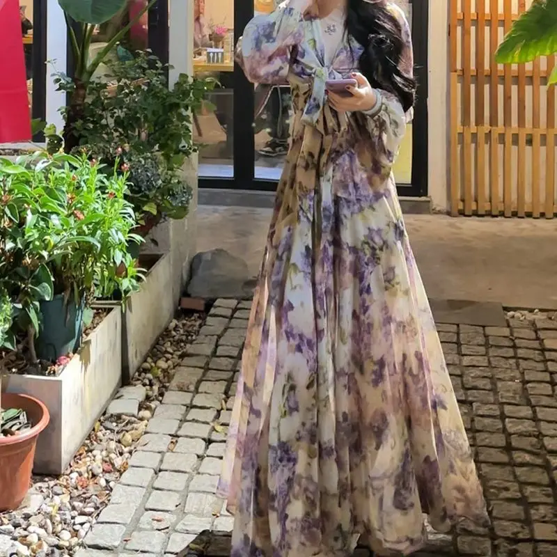 

French temperament lace up floral gentle daily vacation style dress summer new style improved cross collar waist long skirt