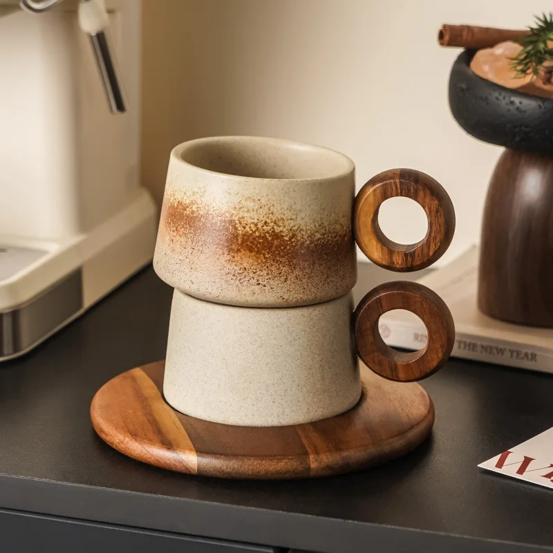 Creative Natural Wood Brown Ceramic Coffee Cup Saucer Afternoon Tea Desserts Breakfast Espresso Office Drinking Home Decoration