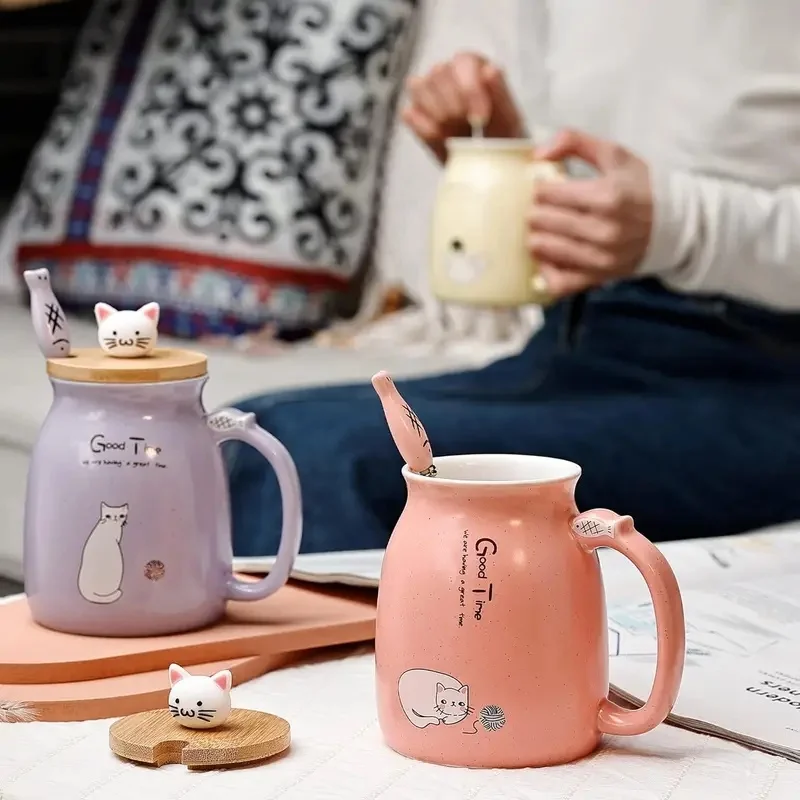Kawaii Cute Cat Ceramic Coffee Mug 16oz Japanese Style Novelty Gift with Kitty Lid and Spoon Perfect Cat Lover Gifts for friend