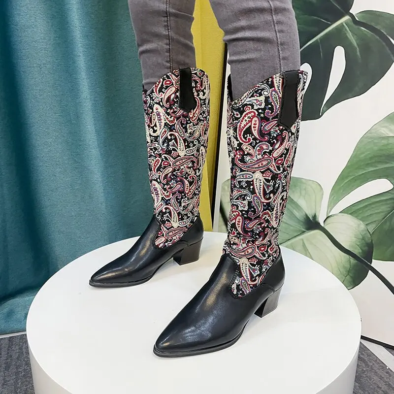 

Women Boots Designer Western Boots Autumn Winter Ethnic Shoes for Women Pointed Toe Mid-calf High Heel Boots Brand Botas Mujer